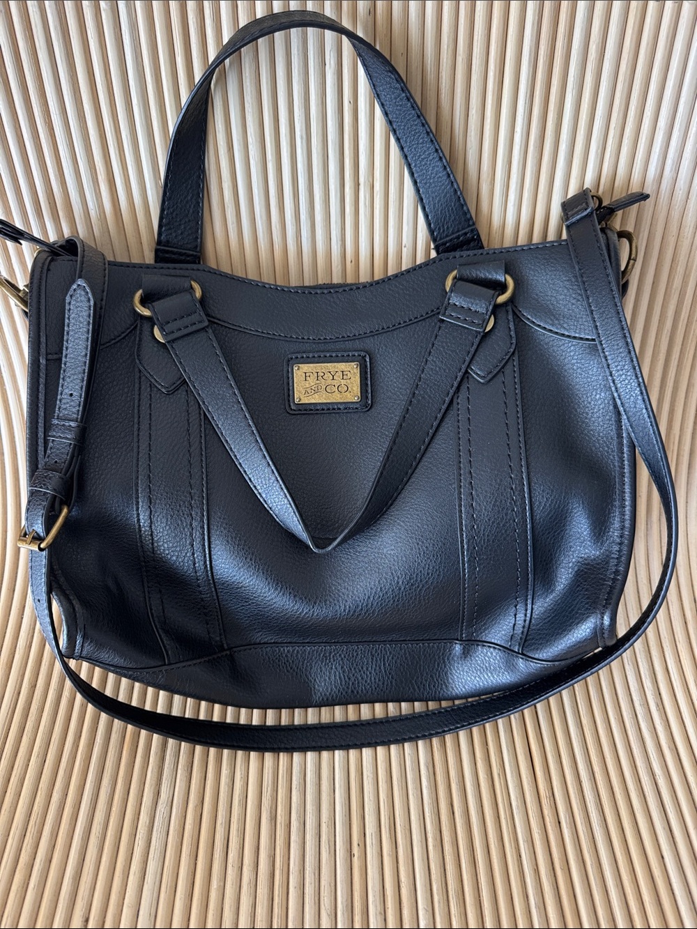 Frye Black Leather Shoulder Bag with Brass Accents